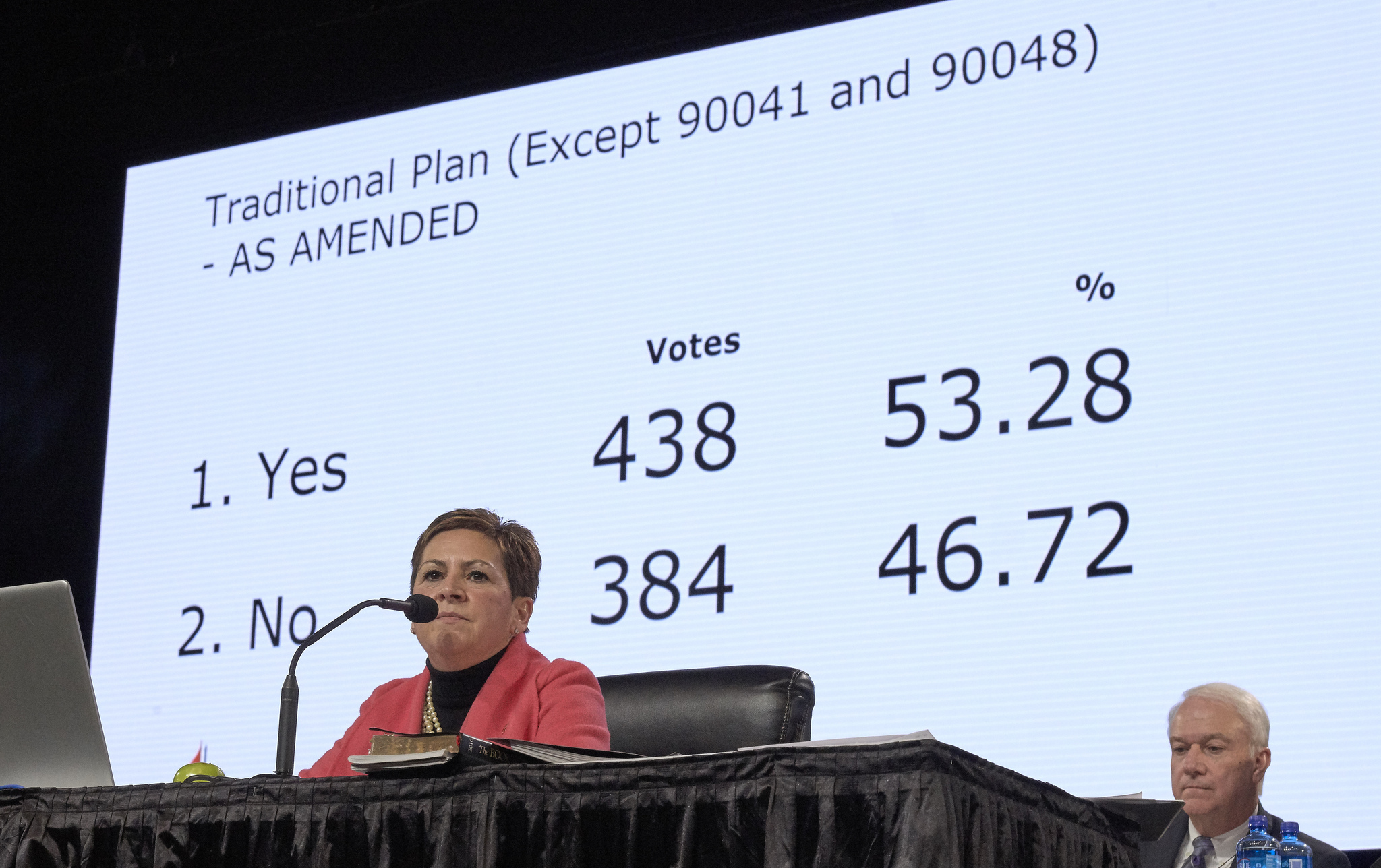 Bishop Cynthia Fierro Harvey observes the results from a Feb. 26 vote for the Traditional Plan, which affirms the church’s current bans on ordaining LGBTQ clergy and officiating at or hosting same-sex weddings. Photo by Paul Jeffrey, UMNS.