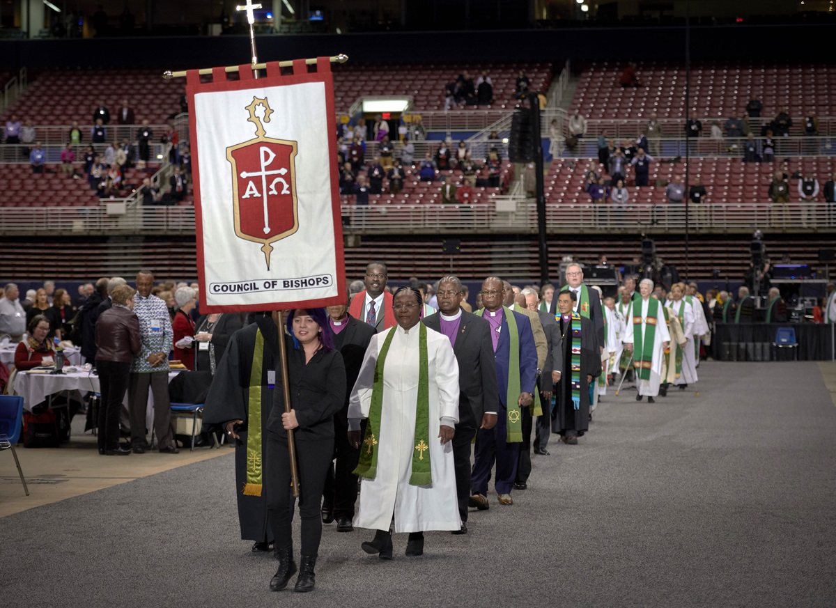 Bishops process into worship on Feb. 24, 2019, at the special session of the General Conference of The United Methodist Church, held in St. Louis, Missouri. Photo by Paul Jeffrey, UMNS