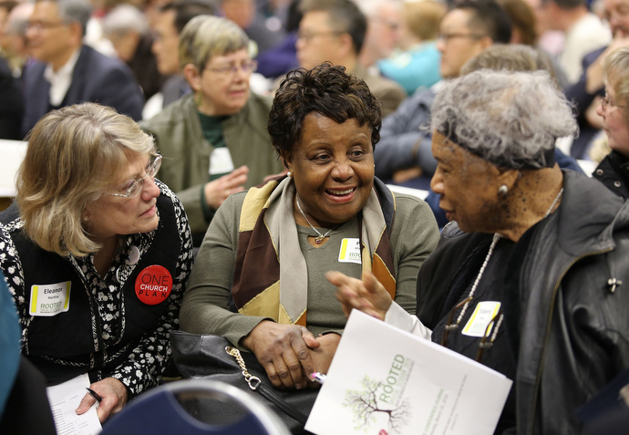 Members of the Greater New Jersey Conference meet in small groups during a special session of their annual conference at Brookdale Community College in Lincroft, N.J. Photo by Corbin Payne.