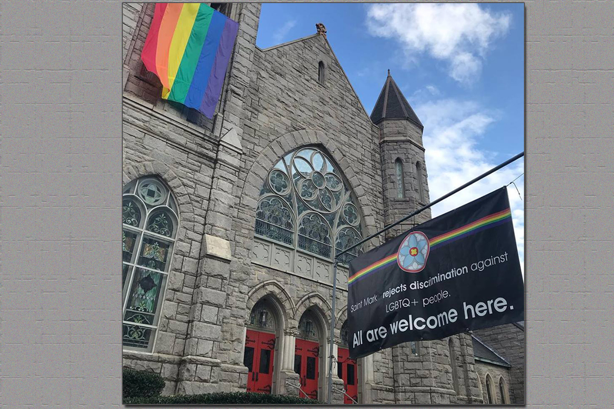 A banner with a message of inclusion and a rainbow flag fly outside Saint Mark United Methodist Church in Atlanta. Resistance continues to passage of the Traditional Plan at last month’s special called General Conference in St. Louis. Photo courtesy of Saint Mark United Methodist Church.