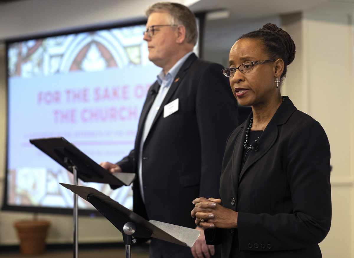 Bishop Christian Alsted and The Rev. Kennetha Bigham-Tsai direct the Connectional Table’s discussion about the special session of General Conference, held at Discipleship Ministries in Nashville, Tenn., April 3. Photo by Kathleen Barry, UMNS.