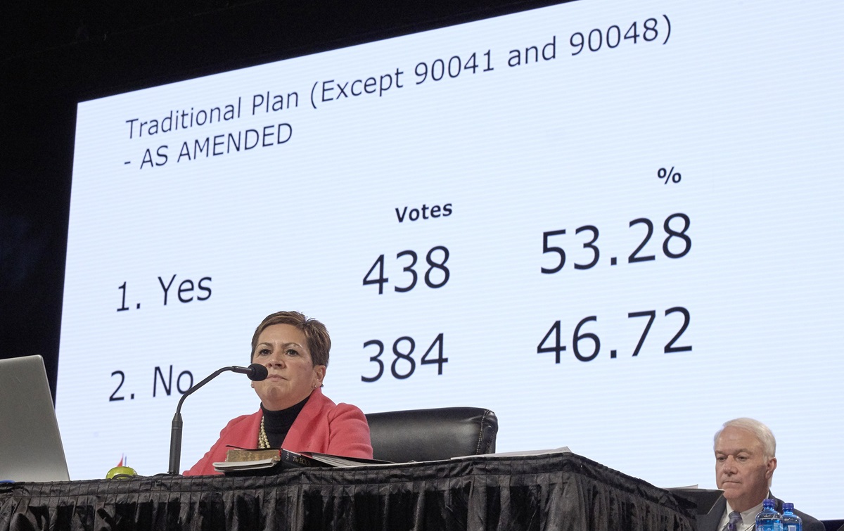 Bishop Cynthia Fierro Harvey observes the results from a Feb. 26 vote for the Traditional Plan, which affirms the church’s current bans on ordaining LGBTQ clergy and officiating at or hosting same-sex marriage. The vote came on the last day of the 2019 General Conference in St. Louis. Photo by Paul Jeffrey, UMNS.