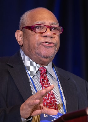 The Rev. William Bobby McClain gives a presentation on the "current reality of the black church." McClain is an original board member of BMCR and professor emeritus at Wesley Theological Seminary in Washington. Photo by Mike DuBose, UMNS.