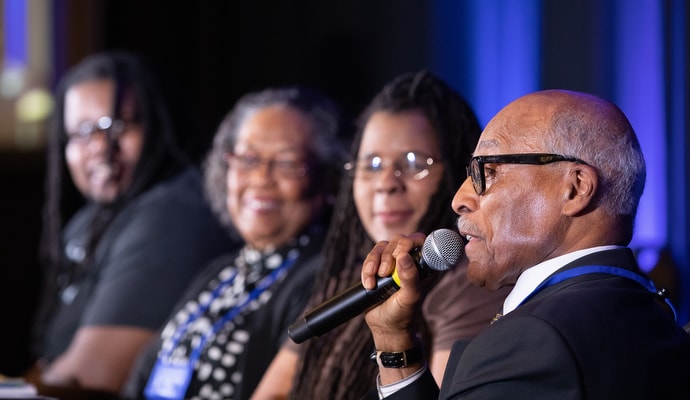 The Rev. Zan Holmes (right) joins other panelists in a discussion entitled "Voices of BMCR: Then, Now and Future." From right are: Holmes, Linda Furtado, Mollie Stewart and Brennen Boose. Photo by Mike DuBose, UMNS.