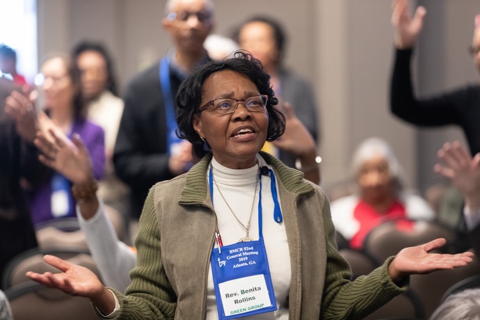 The Rev. Benita Rollins sings during opening worship at the Black Methodists for Church Renewal meeting. Photo by Mike DuBose, UMNS.