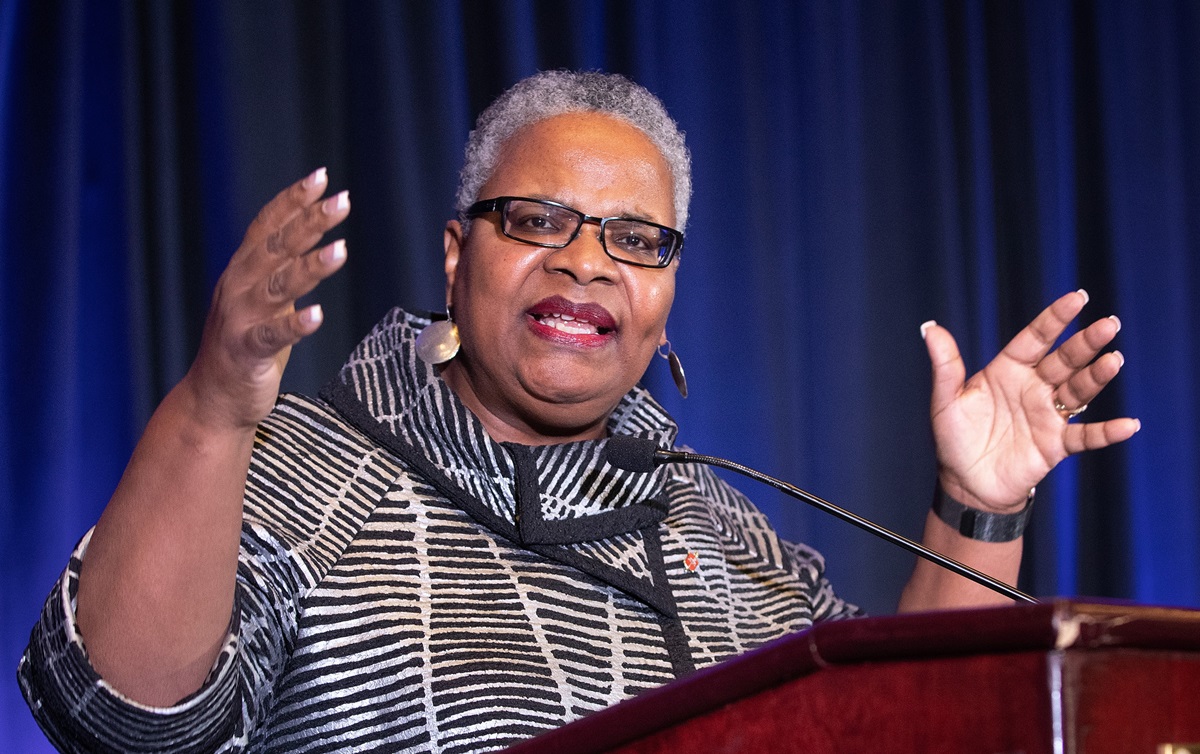 Bishop LaTrelle Easterling leads a report on the 2019 General Conference during the Black Methodists for Church Renewal meeting in Atlanta. Easterling raised a concern about LGBTQ African Americans in the church, calling them “the marginalized of the marginalized.” Photo by Mike DuBose, UMNS.