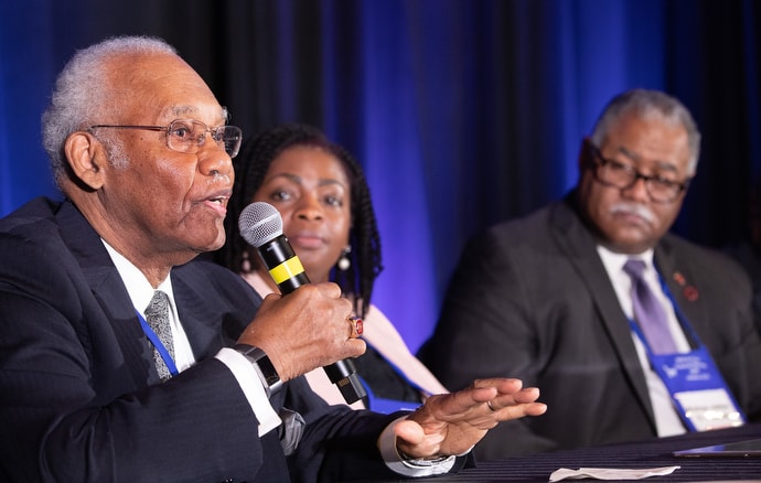 Bishop Charles Wesley Jordan (left) takes part in a panel discussion about General Conference  2019. He is joined by Bishops Cynthia Moore-Koikoi (center) and Julius C. Trimble. Photo by Mike DuBose, UMNS.