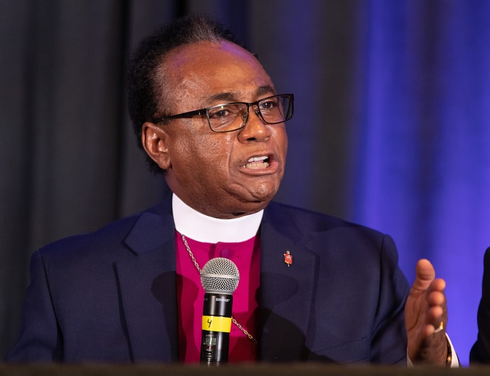 Bishop James R. King tells members of Black Methodists for Church Renewal that he is “concerned for all of God’s people,” following the 2019 General Conference. “But God spoke to me and said, ‘This is my church, and I will take care of it,’” King told the group. Photo by Mike DuBose, UMNS.