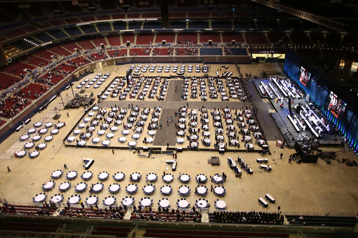 This is an overview of the plenary hall and stage of the Feb. 24 opening worship service for the special called 2019 United Methodist General Conference in St. Louis. Photo by Kathleen Barry, UMNS.