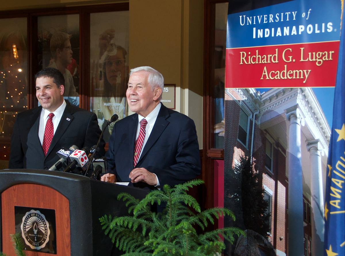Sen. Richard Lugar (right) and University of Indianapolis president Robert Manuel announce the planned launch of the United Methodist-related school’s Richard G. Lugar Academy. Lugar, a long-time member of St. Luke’s United Methodist Church in Indianapolis, died April 28, 2019. File photo courtesy of the University of Indianapolis. 