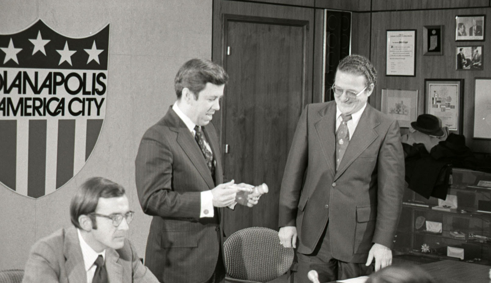 In 1975, then Indianapolis Mayor Richard Lugar presents a ceremonial gavel to University of Indianapolis president Gene E. Sease. Photo courtesy of the University of Indianapolis.