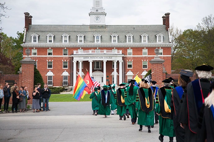 Students and faculty process during commencement at Green Mountain College in Poultney, Vt. Photo courtesy of Green Mountain College.