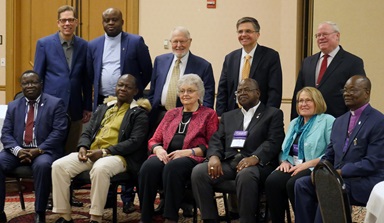 Leaders of the Reform and Renewal Coalition, a group of unofficial traditionalist advocacy groups, pose with bishops from Africa and Europe, after a closed-door meeting in which the leaders and central conference bishops discussed the denomination’s situation and possible future. Photo by Heather Hahn, UMNS.