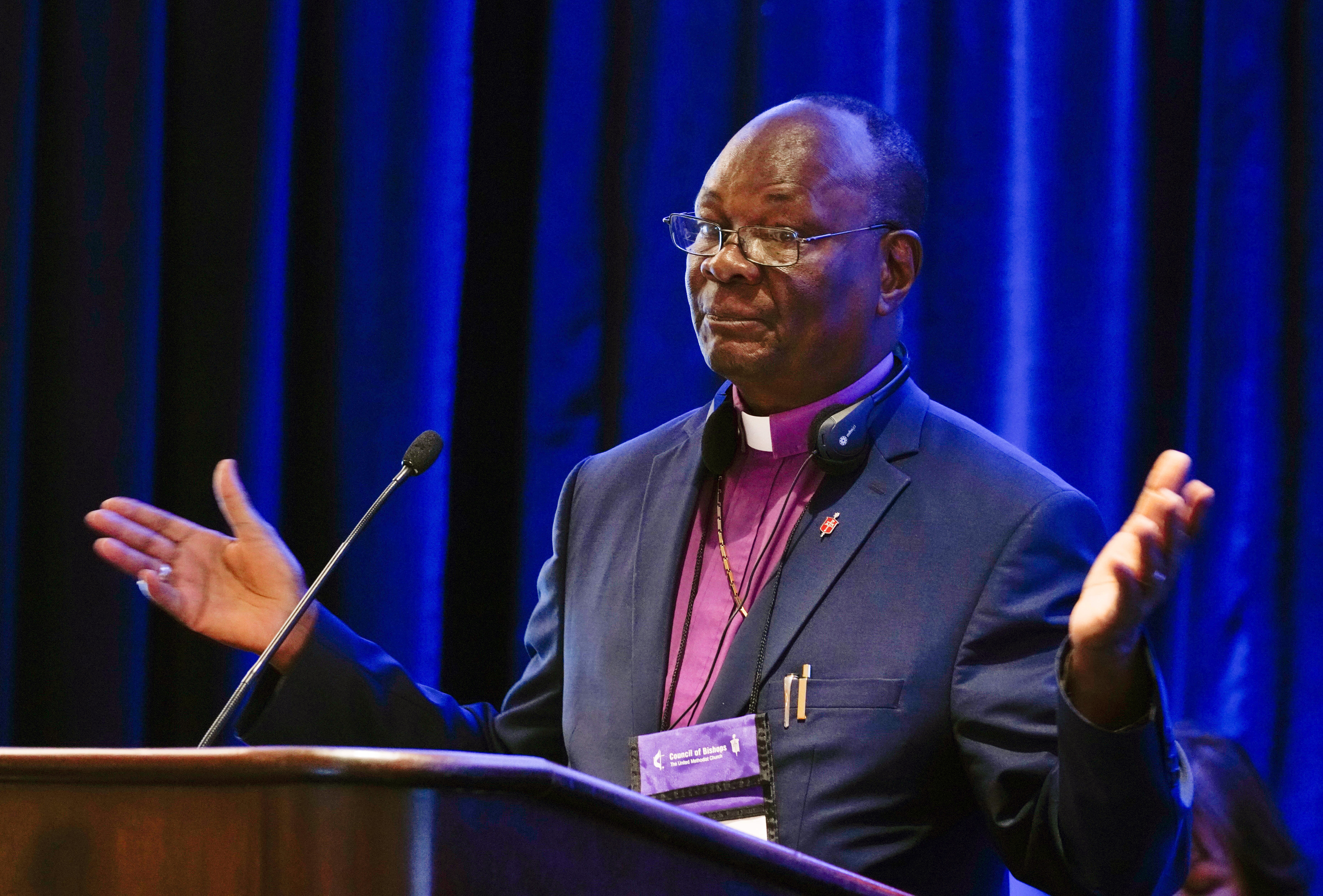 Bishop Gabriel Yemba Unda speaks to his fellow episcopal leaders about the history that has drawn refugees to the Democrat Republic of Congo. Photo by the Rev. Todd Rossnagel, Louisiana Conference.