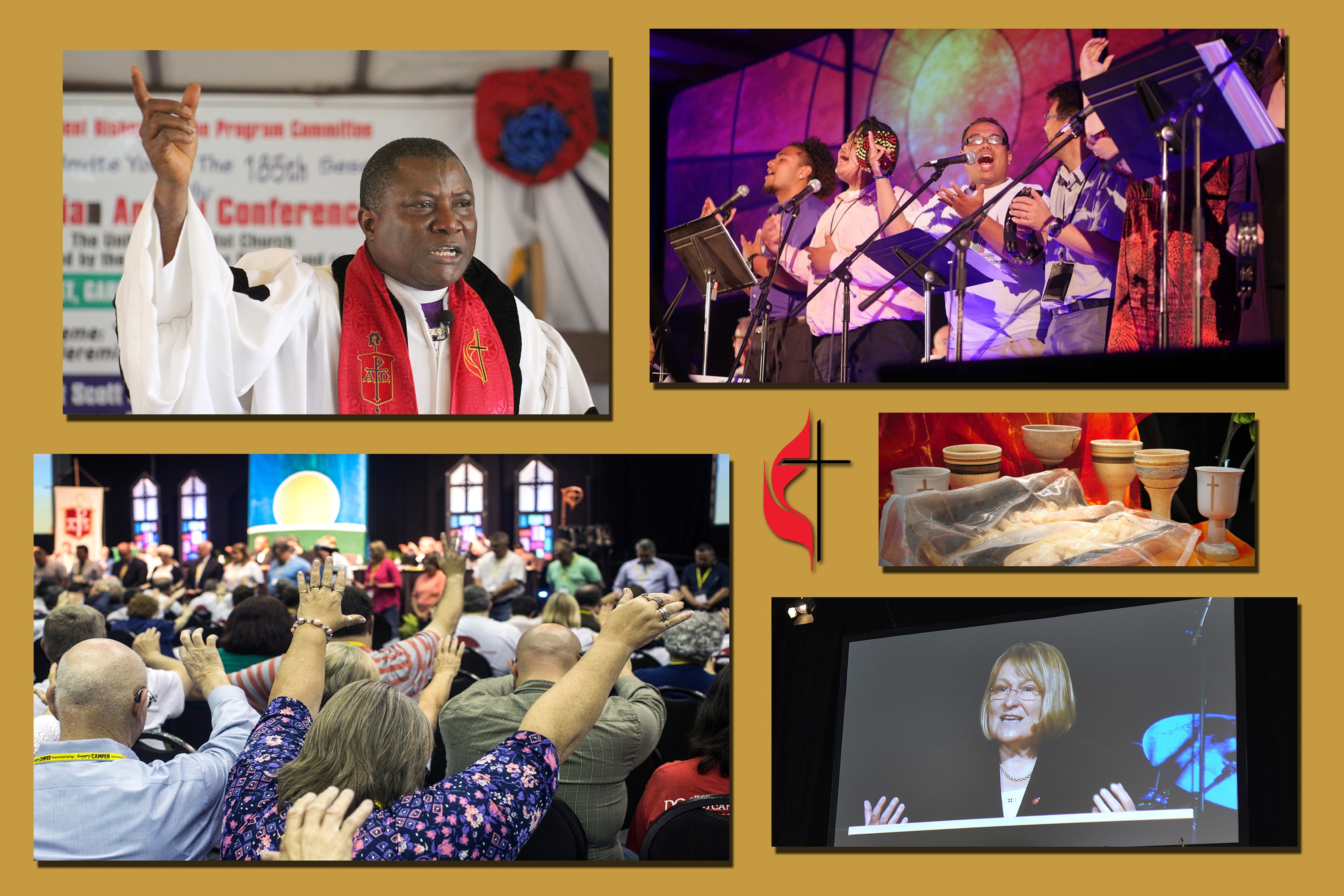 Clockwise from top left: Bishop Samuel J. Quire Jr., 2018 Liberia Annual Conference, photo by E Julu Swen; worship team at 2015 California-Nevada Annual Conference, photo by Koua Vang; chalices and bread at 2015 Dakotas Annual Conference, photo courtesy of the conference; Bishop Rosemarie Wenner, 2015 Germany South Annual Conference, photo by Klaus Ulrich Ruof; attendees of 2017 Kentucky Annual Conference, photo by Kathleen Barry.