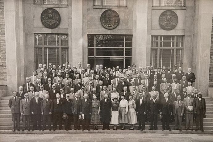 Photo of the original board of the United Methodist Board of Higher Education and Ministry from 1953 shows early diversity and hangs outside the office of the Rev. Kim Cape who served on the board before her post as general secretary.  Photo by Kathleen Barry, UMNS. 
