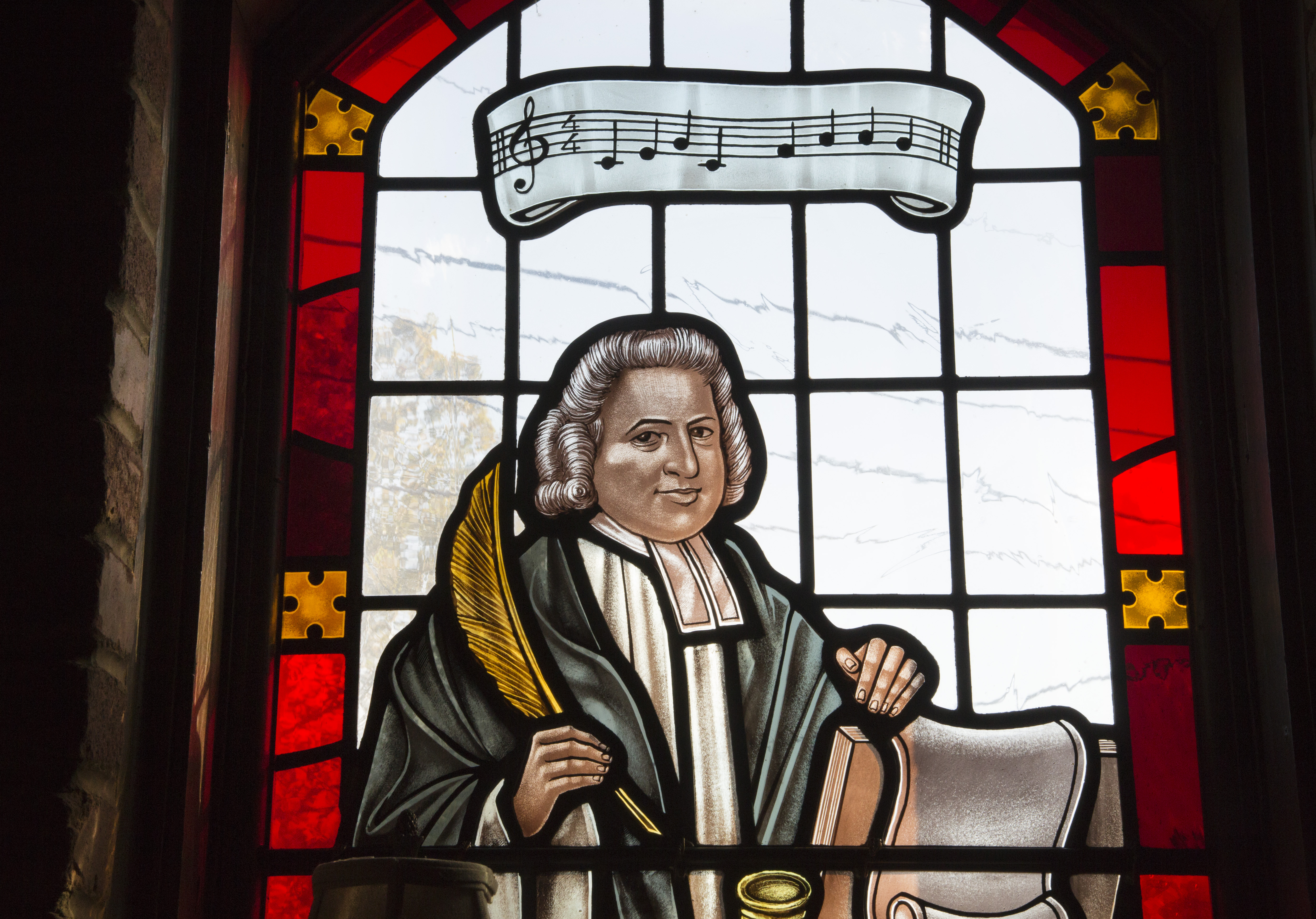 Vitral de Carlos Wesley en la Iglesia Metodista Unida Grace de Atlanta, parte del Centro Global de Mision de La Iglesia Metodista Unida. Foto de Kathleen Barry, UMCOM.