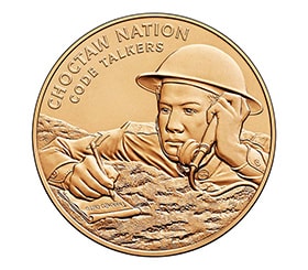 The Choctaw Nation Congressional Gold Medal commemorates the work of Choctaw code talkers. U.S. Mint, public domain photo courtesy of Wikimedia Commons
