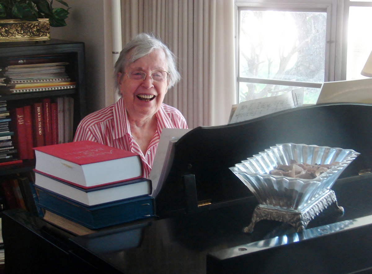 Jane Marshall, seen at her piano in 2016, became a revered figure in United Methodist circles and beyond for her many anthems, hymns and other sacred music pieces, as well as her work as a music educator. She died May 29, 2019, in Dallas, at age 94. UM News file photo by Sam Hodges.
