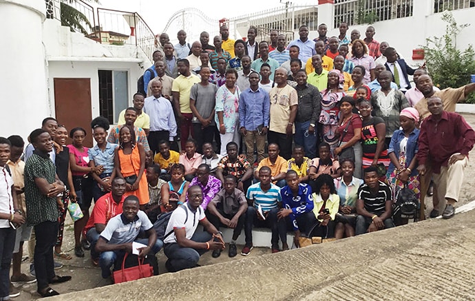 Some participants of the Next Generation Forum gather for a group photo in front of S.T. Nagbe United Methodist Church in Monrovia, Liberia. Similar events are planned in the 20 districts and one circuit of the Liberia Conference. Photo by E Julu Swen, UM News.