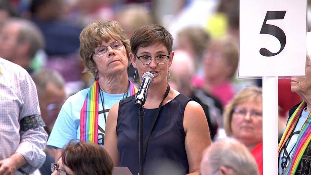 In a file photo from 2016, the Rev. Anna Blaedel speaks during the Iowa Annual Conference session on June 4. Photo by Arthur McClanahan, Iowa Conference.