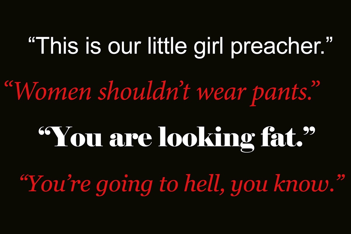 A video shown at the recent North Carolina Conference features male clergy reading some of the sexist comments that the conference’s female pastors have endured. Graphic by Laurens Glass, UM News.