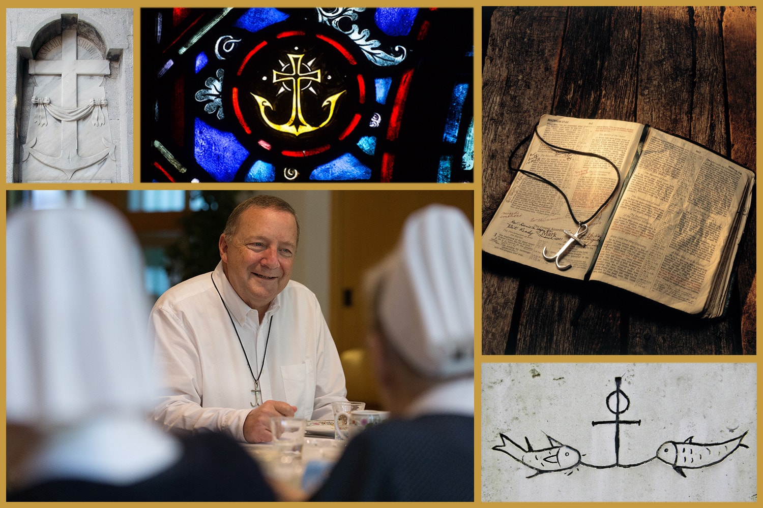 (왼쪽 위부터 시계 방향으로) 부티카묘의 세부양식, 사진, 위키미디어의 글로브트로터 19; 스테인글래스 창문, 사진, 케이틀린 베리, 연합감리교뉴스; 성경과 십자가, 미틸라 지하묘지의 닻과 물고기 두 마리 세부양식, 조지 밀 목사, 사진, 마이크 두보스, 연합감리교뉴스.