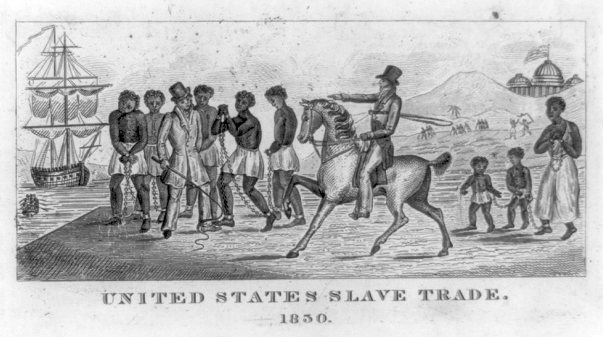 An engraving from 1830 depicts the slave trade in the United States. The U.S. Capitol is visible in the background.  To mark the 400th anniversary of the first African people being brought to the U.S. as slaves, a study guide and other resources have been prepared to help United Methodists better understand that haunting legacy. Engraving from the Library of Congress. 