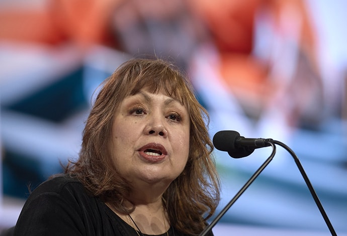 Bishop Minerva Carcaño speaks during the opening session of the General Conference of The United Methodist Church in St. Louis in February 2019. Carcaño is bishop of the California-Nevada Conference. File photo by Paul Jeffrey, UM News.