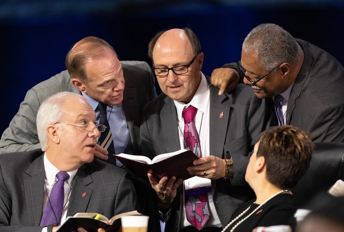 Bishop David Bard (center) confers with fellow bishops on the issue of whether the legislative committee can refer items to the denomination's Judicial Council for review during the 2019 United Methodist General Conference in St. Louis. Bard has since joined with Bishop Scott Jones in proposing a plan to reshape The United Methodist Church. File photo by Mike DuBose, UM News.