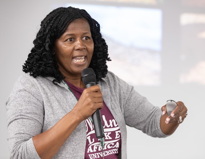 Zanelle Furusa, a lecturer at United Methodist-related Africa University in Zimbabwe, speaks about Cyclone Idai in the Indian Ocean and other effects of climate change during the 2019 United Methodist Creation Care Summit at Scarritt Bennett Center in Nashville, Tenn. Photo by Mike DuBose, UM News.