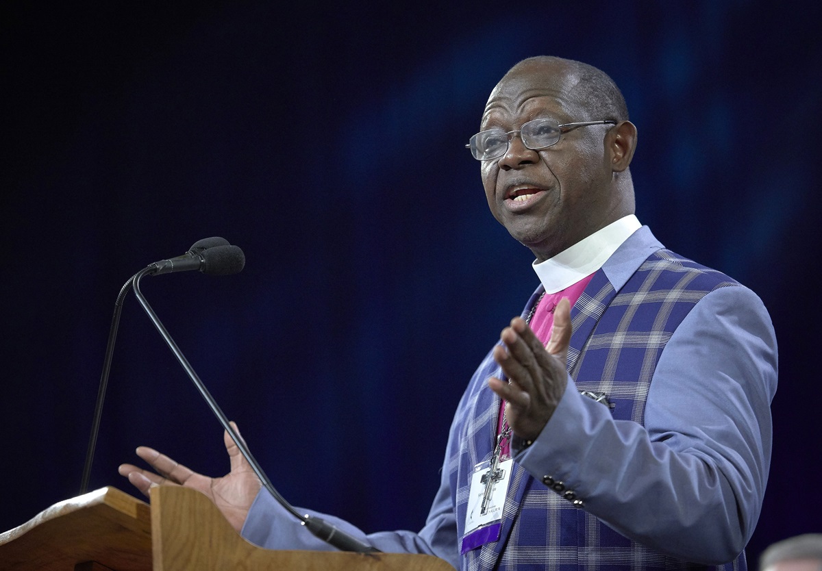 Bishop John Yambasu speaks during the opening session of the 2019 United Methodist General Conference in St. Louis in February. Yambasu, leader of the Sierra Leone Conference, called a July meeting on behalf of United Methodists outside the U.S. to explore possible separation over the church’s policies regarding LGBTQ persons. File photo by Paul Jeffrey, UM News.