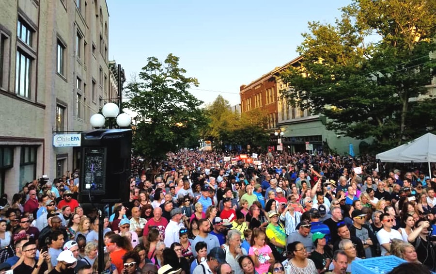 People gather in the entertainment district of Dayton, Ohio, the day after a mass shooting claimed the lives of nine people, not including the shooter. Photo by the Rev. Cris Reese, West Ohio Conference.