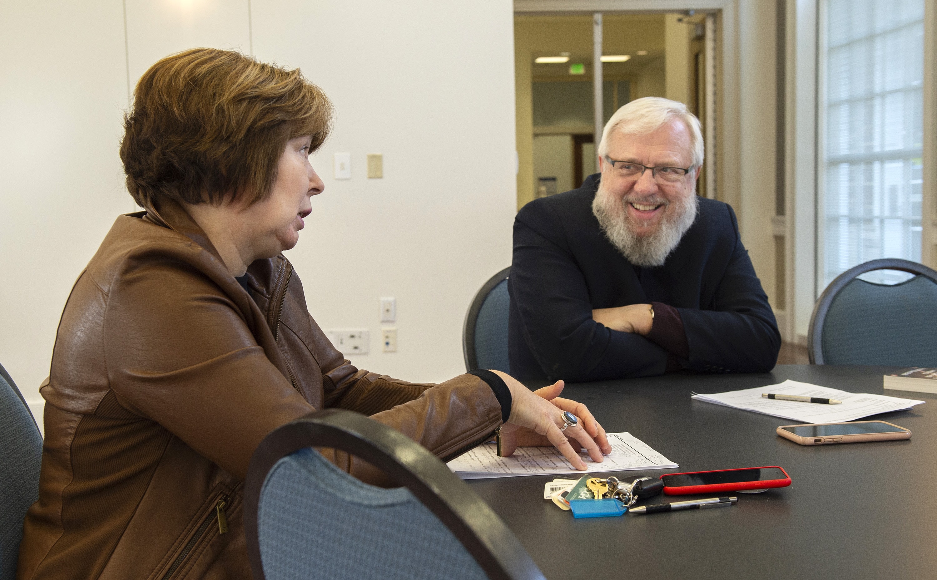 Susanne Scholz (left) and the Rev. Billy Abraham, both professors at Perkins School of Theology in Dallas, are ideological adversaries and unlikely friends. Photo by Hillsman Stuart Jackson, © Southern Methodist University.