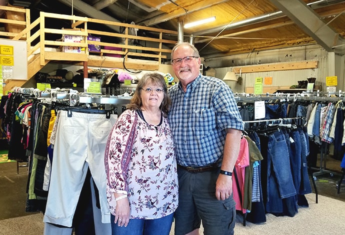 Kathy and the Rev. Jim Konsor at the Bakken Oil Ministry thrift shop in Watford City, N.D. The couple retired from the ministry July 1. Both were named as winners of the Harry Denman Evangelism Award in 2019. Photo courtesy the Bakken Oil Rush Ministry.
