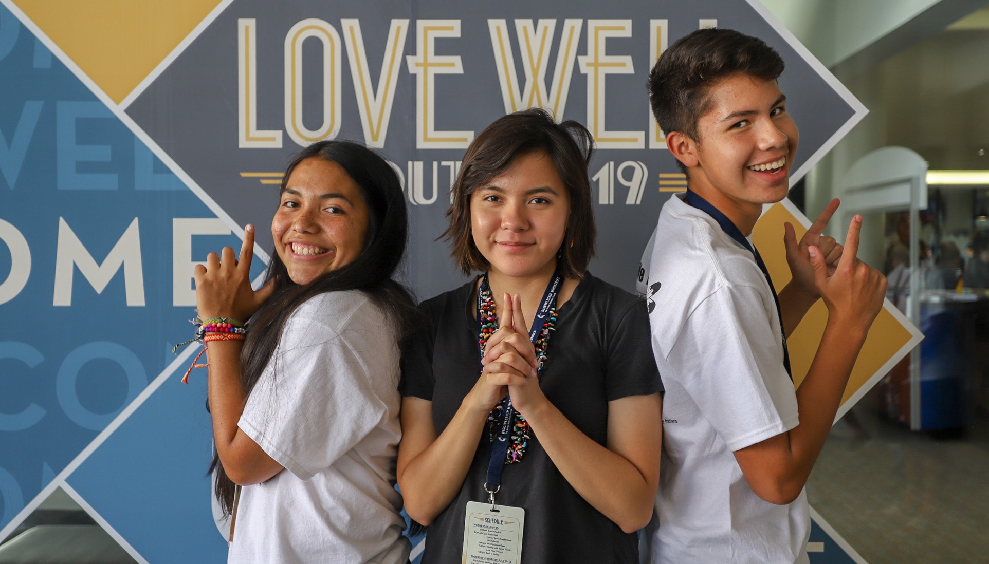 Native American youth from the Oklahoma Indian Missionary Conference participated in a panel discussion at Youth 2019 in Kansas City, Mo., about issues facing Native communities. From left are: Alyssa Underwood, Elonna LaFromboise and Jariah Eyachabbe. Photo by Ginny Underwood.