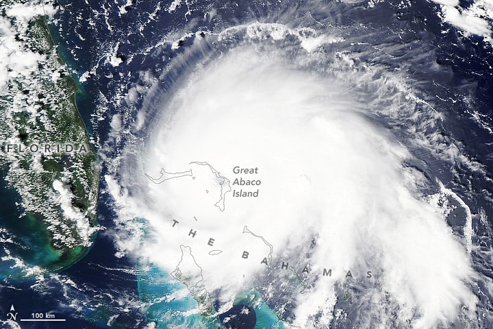A NASA satellite image captures Hurricane Dorian over the Bahamas on Sept. 1, as the powerful Category 5 storm was directly over Great Abaco Island. Dorian became the strongest hurricane on record in the northwestern Bahamas. NASA Earth Observatory image by Lauren Dauphin, using MODIS data from NASA EOSDIS/LANCE and GIBS/Worldview.