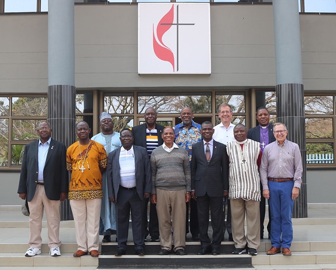 United Methodist bishops from Africa and the U.S. who attended the meeting of the Africa College of Bishops gather for a photo at the Zimbabwe West Conference in Harare. Photo by Eveline Chikwanah, UM News.