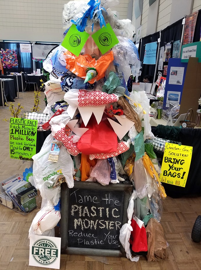 A monster made from nonrecyclable plastic was displayed at the Florida Annual Conference in June 2019 in Lakeland, Fla. Photo courtesy of Cara Fleischer.