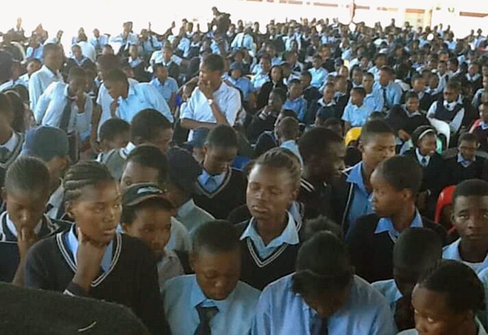 Students at the Maun Senior Secondary School in Maun, Botswana, gather for a school assembly. The United Methodist school has grown significantly since it opened in 1970.  Photo by the Rev. Tafadzwa Mabambe. 