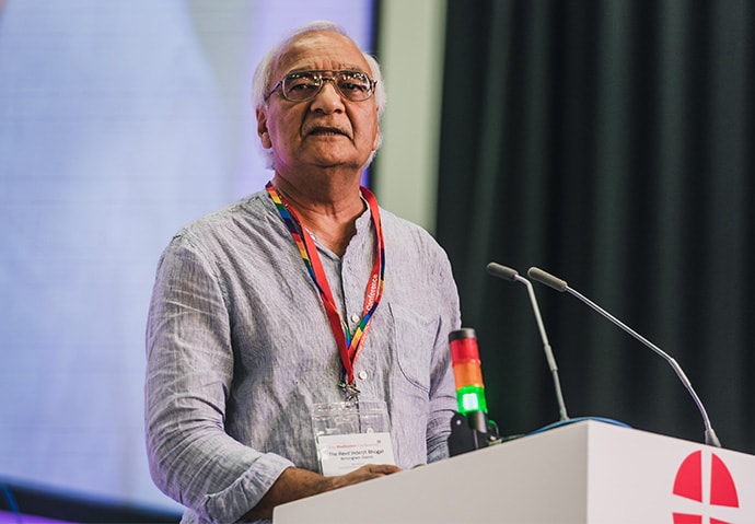 The Rev. Inderjit Bhogal speaks during the 2018 Methodist Conference in Nottingham, England. Bhogal, a theologian, former president of the British Methodist Conference and founder of the City of Sanctuary movement, is a recipient of the 2018 World Methodist Peace Award. Photo by Alex Baker, Methodist Conference.