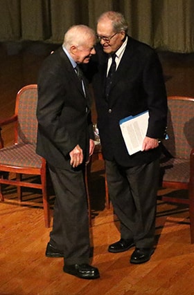 Former U.S. President Jimmy Carter speaks to the Rev. James T. Laney during the 2018 Roundtable for Peace on the Korean Peninsula held at The Carter Center in Atlanta Nov. 9-11. File photo by the Rev. Thomas Kim, UM News.  