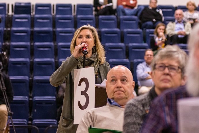 The Rev. Beth Caulfield, president of the Greater New Jersey Wesleyan Covenant Association, submits a question of law during the special session. Photo by Corbin Payne.