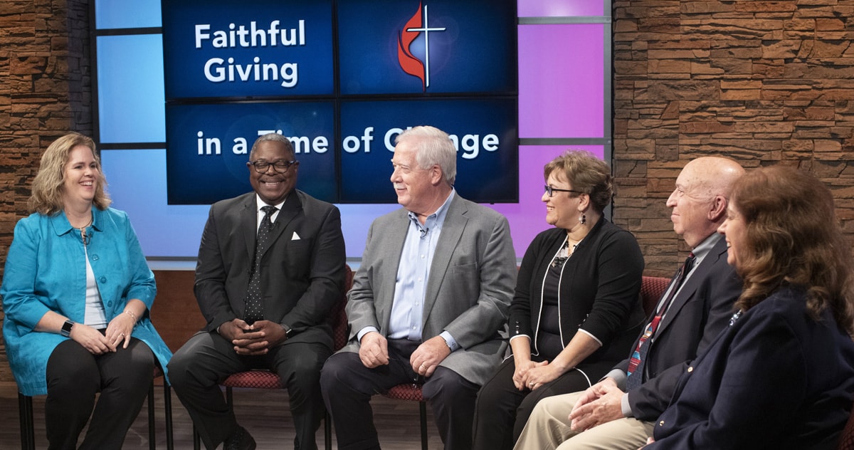 “Faithful Giving in a Time of Change,” a roundtable discussion of connectional giving in The United Methodist Church, is a video resource designed for local congregations to help explain the role of giving in the church. Panelists were (from left) Christine Dodson, the Rev. Reginald Clemons, John Pearce, the Rev. Lyssette Perez, the Rev. Dennis Shaw and panel moderator Vicki Brown. Photo by Kathleen Barry, UM News.