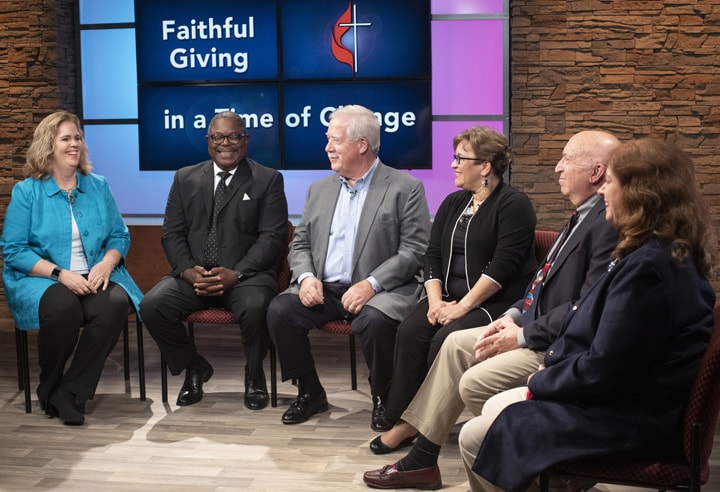 “Faithful Giving in a Time of Change,” a roundtable discussion of connectional giving in The United Methodist Church, is a video resource designed for local congregations to help explain the role of giving in the church. Panelists were (from left) Christine Dodson, the Rev. Reginald Clemons, John Pearce, the Rev. Lyssette Perez, the Rev. Dennis Shaw and panel moderator Vicki Brown. Photo by Kathleen Barry, UM News.