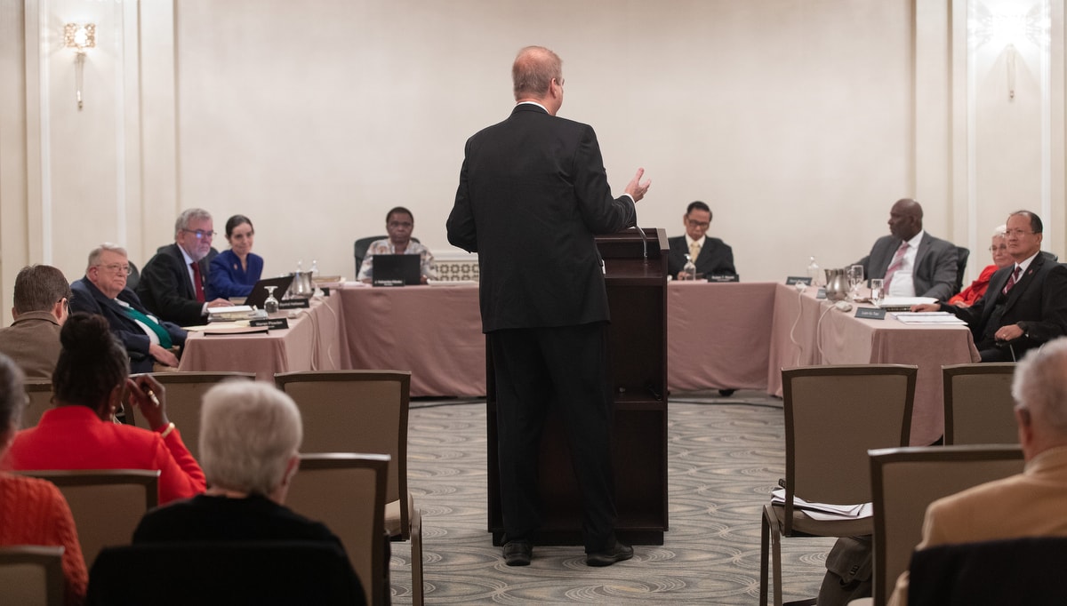 Bishop Kenneth H. Carter speaks during an oral hearing before the United Methodist Judicial Council meeting in Evanston, Ill. Carter is president of the denomination's Council of Bishops. Photo by Mike DuBose, UM News.