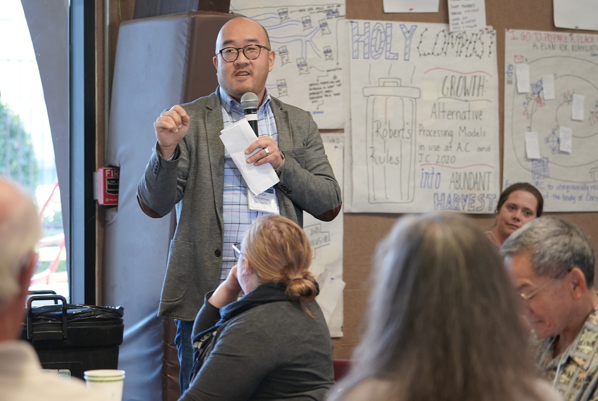 The Rev. Joe Kim, Bothell United Methodist Church, Washington, presents his table’s concept for a visioning team to take ideas from the summit and make a report to the 2020 Western Jurisdiction. Photo by Charmaine Robledo.