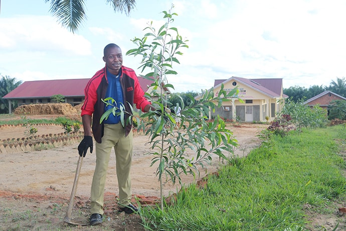 The Rev. Felix Okende maintains a tree he planted in front of Kitumaini United Methodist Church in in the South Kindu District of East Congo, where he is pastor. The agronomist plants trees next to United Methodist churches, schools and health centers to help protect the environment. Photo by Chadrack Londe, UM News. 