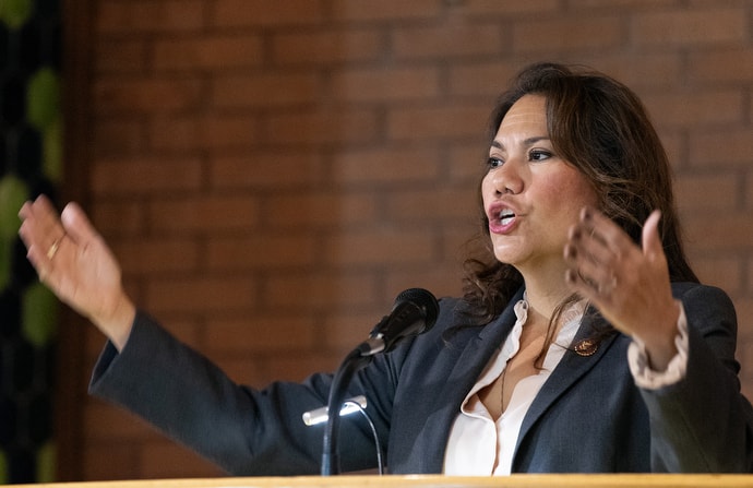 U.S. Rep. Veronica Escobar tells members of the United Methodist Immigration Task Force, meeting in El Paso, Texas, that U.S. immigration policies have brought the country to "one of the darkest points in American history for our generation." Escobar serves the 16th congressional district in Texas. Photo by Mike DuBose, UM News.