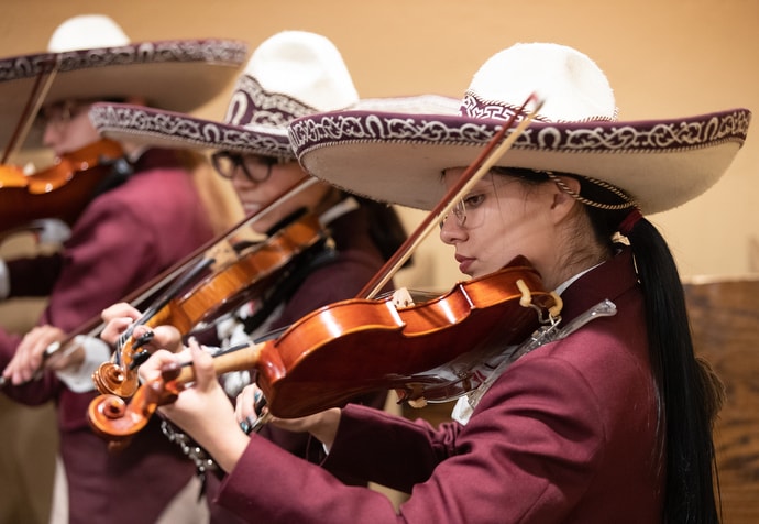 Los Leones, the mariachi band from Lydia Patterson Institute, performs during a dinner meeting at the United Methodist Immigration Summit meeting in El Paso, Texas. Photo by Mike DuBose, UM News.